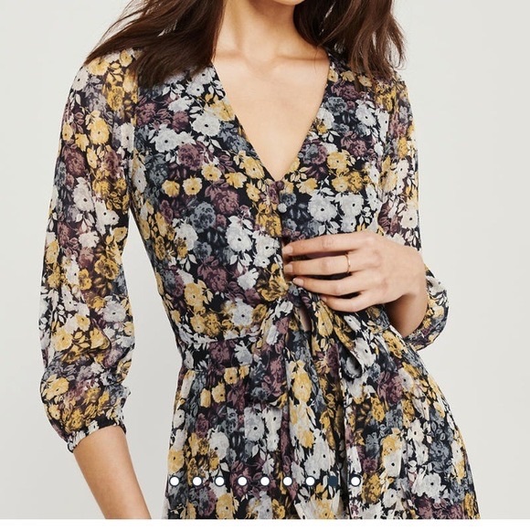 NEW Abercrombie and Fitch Ruffle Hem Midi Dress black floral NWT with scrunchie - Picture 4 of 12